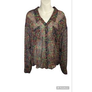 Free People Blouse Top Sheer Romantic Roses Floral Button Down Oversized S